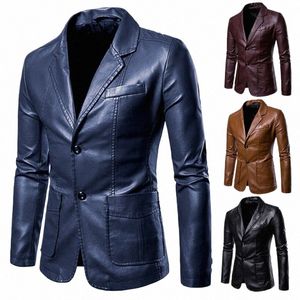 Printemps Automne Style Coréen Hommes Slim Fit Moto PU Blazer Veste En Cuir Simple Boutonnage Manteau Fi Streetwear 80kw #