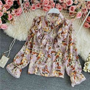 Lente Herfst Koreaanse stijl Gepareerd Floral Chiffon Shirt Dames Retro Losse Slanke Mode Top C160 210506