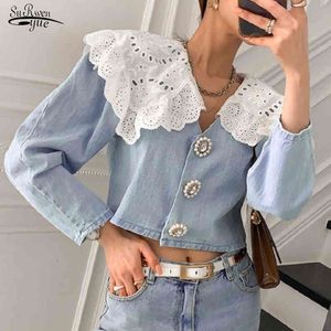 Lente herfst koreaanse zoete temperament meisjes leeftijd-reducerende kant stiksels pop kraag Demin blouses vrouwen shirts blusa 13968 210521