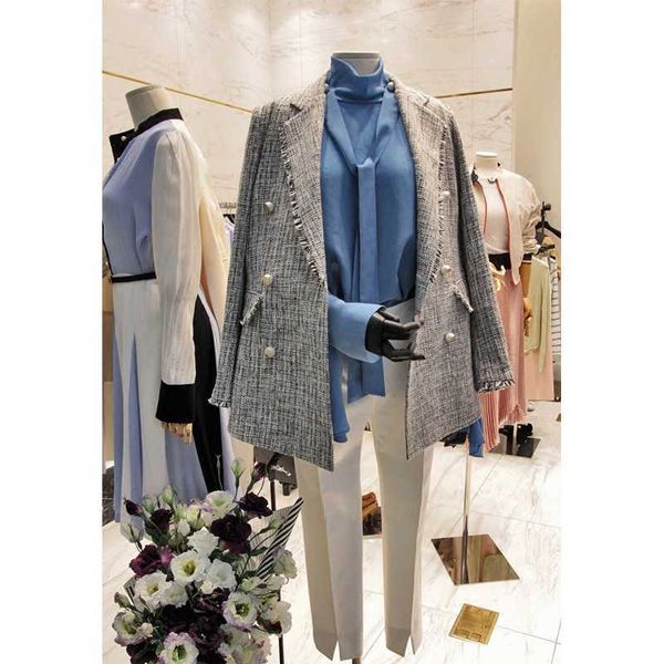 Printemps automne Version coréenne petit parfum vent manteau rayures classique double boutonnage longue femme femmes Blazers 210607