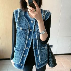 Printemps automne coréen femmes rétro mince poches Plaid gland gilet femme gilet Crochet effiloché Denim gilet simple boutonnage hauts 240112