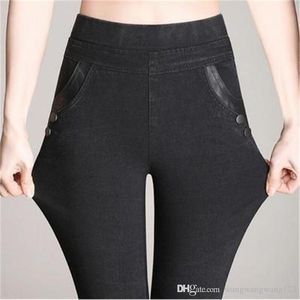 Lente herfst dame zwarte jeans elastische hoge taille verzachter denim jeans casual slanke magere broek grote werven broek