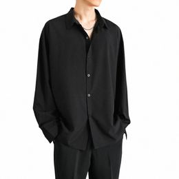 Lente Herfst Lg-mouwen Heren Losse Harajuku Shirt voor Mannen Casual Shirts Effen Kleur Zwart Blouses Turn down Kraag 554m #