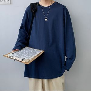 Camiseta de manga larga de primavera y otoño para hombre, camisetas holgadas de gran tamaño básicas a la moda de Color caramelo, camisetas informales de algodón con cuello redondo para hombre