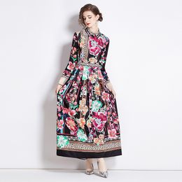 Printemps automne à manches longues Femmes Maxi Robe à imprimé floral Collier de créateur de mode de mode célibataire vestime de vacances