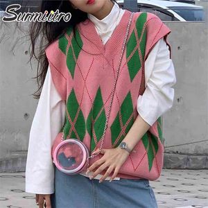 Printemps automne lâche pull tricoté gilet femmes rose vert Plaid sans manches gilet femme Style coréen hauts 210421