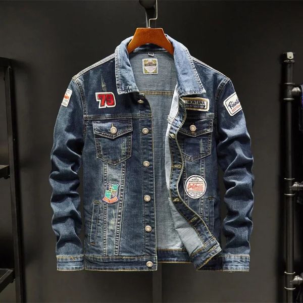 Spring Autumn Men Brand Denim Jacket Hip Hop Streetwear Punk Motorcycle Print Cowboy Outwear High Quality Casual Maly Jeans Coat 240417