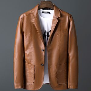 Spring herfst heren mode casual motorfiets lederen jas mannelijke slanke vaste kleur met een paar borsten pu suit jas 220816