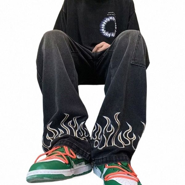 Printemps Automne Jeans pour hommes Korean Street Hommes Vêtements Hip Hop Casual Jeans Pantalons de skateboard JEANS NOIR AVEC BRODERIE FLAMME o7mm #