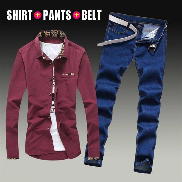 Printemps automne hommes chemise à manches longues coton mélanges jean pantalon 3 pièces ensemble Style décontracté impression blanc ciel bleu mâle vêtements R2288v