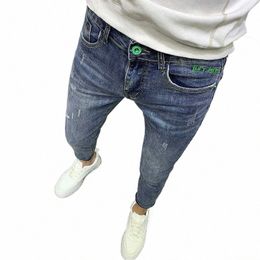 Printemps Automne Vêtements de luxe pour hommes Slim Blue Ripped Broderie Beau Slim Skinny Streetwear Années 90 Tight Wed Classic Jeans E1Kj #