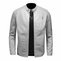 Veste en cuir de moto pour hommes printemps automne col montant vestes blanches solides tendance coupe-vent streetwear faux cuir vêtements d'extérieur T9jm #