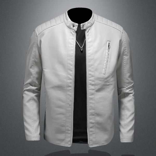 Printemps automne hommes moto veste en cuir col montant solide blanc vestes tendance coupe-vent Streetwear Faux cuir vêtements d'extérieur 240112