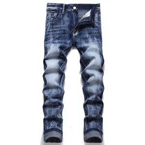 Printemps automne hommes imprimé bleu jean mode décontracté maigre Stretch Denim pantalon meulage blanc mâle pantalon pantalons