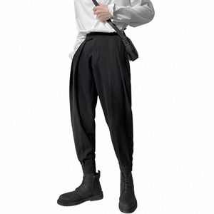 Printemps Automne Hommes Fi Harem Pantalons Pantalons plissés lisses Noir Blanc Longueur de la cheville Taille élastique Conique Pantalon de costume décontracté A5wv #