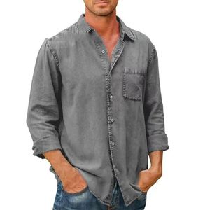 Spring herfst heren revers Solid Pocket Shirt Single Breasted Business Social Long Sleeveved shirts en Blouses 240518