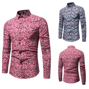 Lente herfst heren lange mouwen shirts bloemen gedrukt slim fit shirts draai de kraag single breasted shirts