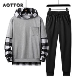 Printemps Automne Mens Set Survêtement Hommes Plaid Patchwork Sweats à capuche + Pantalon 2 pièces Ensemble Mode Studen Sports Costume Streetwear 4XL 210714