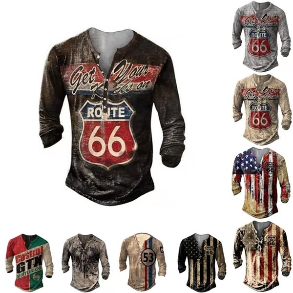 Printemps Automne Hommes T-shirt À Manches Longues Route 66 Bouton D'impression T-shirts Surdimensionnés T-shirts Col En V Pull Plus La Taille Hommes Vêtements 220323