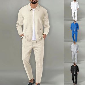 Spring Autumn Mens Two-once Color Couleur Waffle Zipper Pocket Pocket Slim Cardigan Veste Contrutal Straight Men Y2K Suit 240517