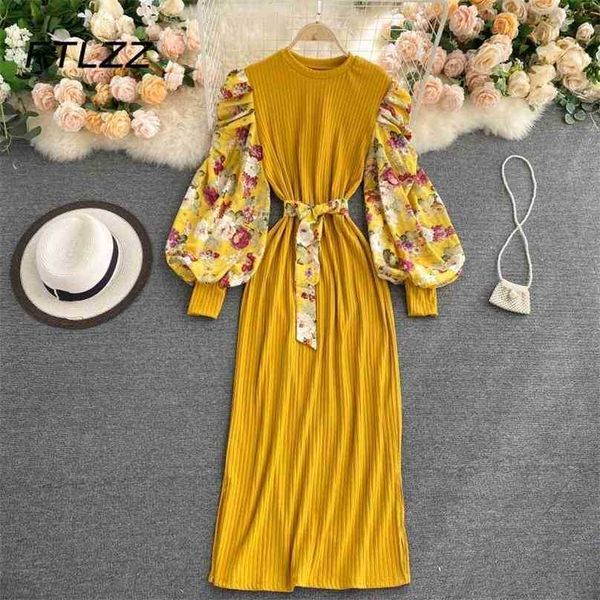 Printemps Automne Midi Robe Femmes Vintage Floral Imprimé Bouffée À Manches Longues Patchwork Pull Robes Dames Élégant Tricoté Vestidos 210525