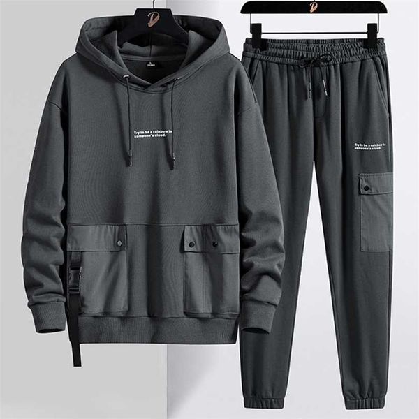 Primavera otoño Multi-bolsillos más tamaño chándal hombres streetwear negro gris jersey sudadera con capucha + pantalones 2 piezas conjunto trajes deportivos 211220