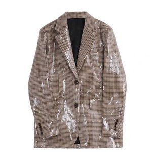 Lente herfst nieuwe bling plaid lovertjes blazer vrouwelijke revers single breasted losse casual retro Engeland stijl jas x0721