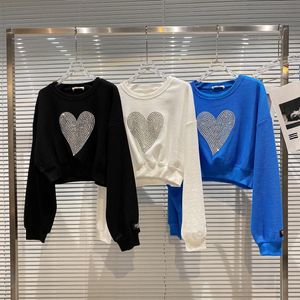 Printemps automne nouvelle mode femmes col rond amour coeur strass patché manches longues taille haute sweat à capuche court