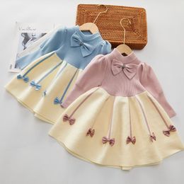 Primavera otoño nuevo vestido de suéter para niñas ropa para niños vestido de punto manga de burbuja Bowknot vestidos dulces