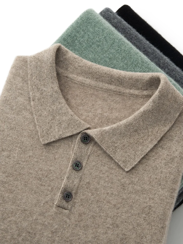 봄 가을 새로운 고품질 염소 캐시미어 스웨터 폴로 칼라 한국 캐주얼 남자 니트 컬러 짧은 소매 풀오버 탑