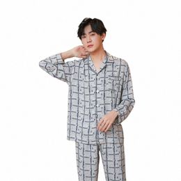 Lente Herfst Nieuwe Pyjama Set Mannen 2 Stuks Nachtkleding Lg Mouw Shirtpants Mannelijke Toevallige Slaap Set Cott Pyjama Pak homewear a9a6 #