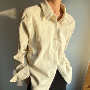 Lente herfst ol elegante minimalistische corduroy shirt vrouwen blouses werkkleding revers solide losse lange mouw tops 210421