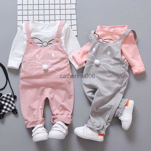 Lente Herfst Buiten Dragen Sport Pak Voor Pasgeboren Baby Meisje Kleding Leuke Kat Snor Baby Set Top + Overalls 2 Stuks Outfits 0-3Y L230625