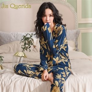 Lente Herfst Pyjama Katoen Pluche Dame Homewear Dames Pyjama Set Plus Size Bloemenprint Dames Pyjama Marine Luxe Loungewear 201217