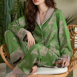 Printemps automne pyjamas soie artificielle femmes vert Floral maison porter ensemble à manches longues Cardigan nuit costumes vêtements de nuit 240201