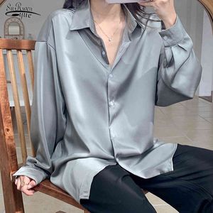 Printemps automne grande taille décontracté solide à manches longues femmes chemises Satin soie Blouse femmes blanc Cardigan dames hauts Chic 12573 210521