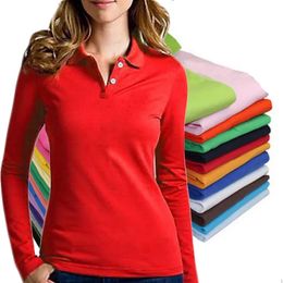 Spring herfst pure kleur 100% katoenen revers t-shirt vrouwen lange mouw slanke dame polo shirt golf tennis tops Tees S-4XL 240403