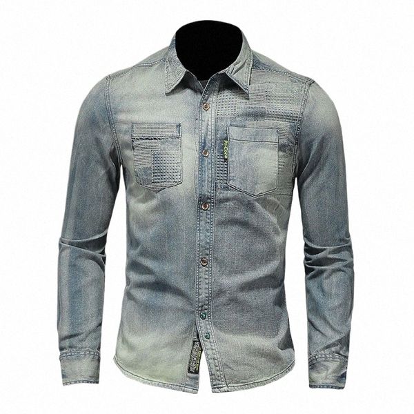 Primavera otoño Retro Jeans chaqueta camisas para hombres ropa bombardero aviador motocicleta solapa LG manga camisa de mezclilla vaquero Outwear a4IB #