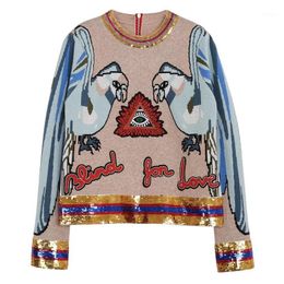 Lente herfst runway borduurwerk lovertjes breien truien mode papegaai jacquard lange mouw o hals vrouwen trui jumper1