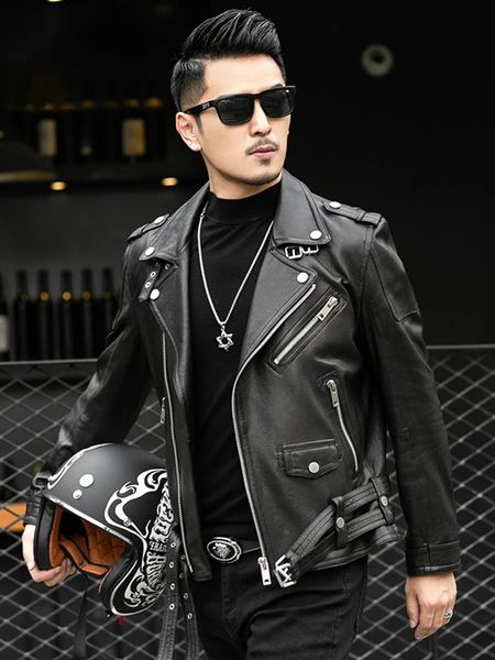 Veste de motard en cuir noir et noir cool noire Hommes Zipper ceinture à manches longues plus taille European Fashion Brand en cuir vestes 231221
