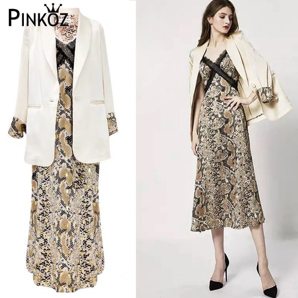 Primavera Otoño Patrón de serpiente Impreso Traje Chaqueta Tirantes de encaje Vestido largo Conjunto de dos piezas Sexy OL Conjuntos casuales 210421