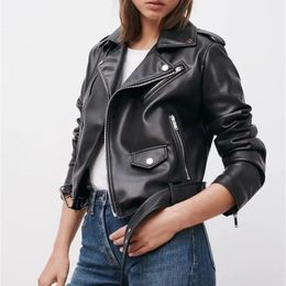 Lente Herfst Zachte Kunstleer Jas met Riem Vrouwen Revers Motorjas Zwarte Rits Moto Biker Uitloper Chaqueta Mujer 240125