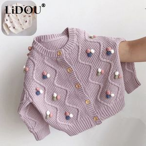 Primavera otoño color sólido coreano dulce kawaii niñas suéter cardigan de un solo pecho púrpura tops lindo todo fósforo ropa para niños 240223