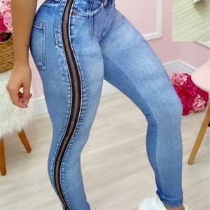 Spring herfst Solid dames jeans hoge taille ritssluiting ontwerp mager denim broek femme vintage bodem dame sexy broek 210302