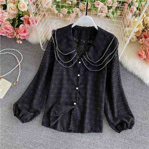 Lente Herfst Temperament Mode Doll Kraag Chiffon Shirt Dames Zoete Big Reving Puff Sleeve Top UK942 210506