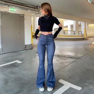 Printemps automne mince mode Y2K bleu jean femmes taille haute Stretch jean Femme pantalon Vintage décontracté confort Denim Flare pantalon 240202