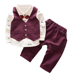 Primavera otoño niño bebé niños Caballero traje de boda camisa de algodón chalecos pantalones 3 uds conjunto de ropa Formal para niños 1 2 3 4 5 años