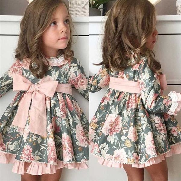 Primavera Autunno Bambino Bambini Flower Baby Dress Ragazze Manica lunga Bow Princess Party Tutu Abiti da sposa per il compleanno Vestiti 1-6Y Q0716