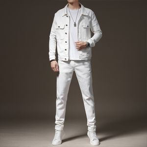 Printemps Automne Survêtements Blanc Stretch Jeans Ensembles pour Hommes Casual Slim Manches Longues Veste et Pantalon 2pcs Ensemble Taille M-5XL Vêtements Masculins