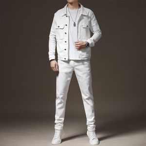 Printemps Automne Survêtements Blanc Stretch Jeans Ensembles Pour Hommes Casual Slim Manches Longues Veste et Pantalon 2pcs Ensemble Taille M-5XL Mâle Clothi260D